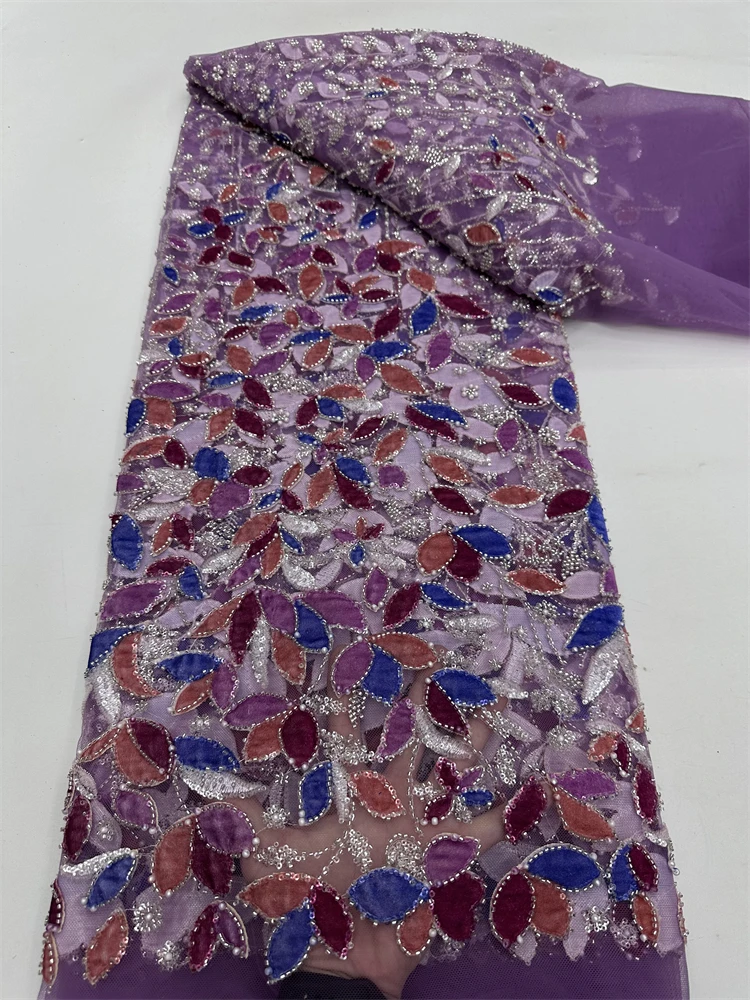 

Luxury Handmade Beads Lace Fabric High 5Yards Quality 2026 African Fabric Lace With Sequins Lace Trim Fabrics For Sewing
