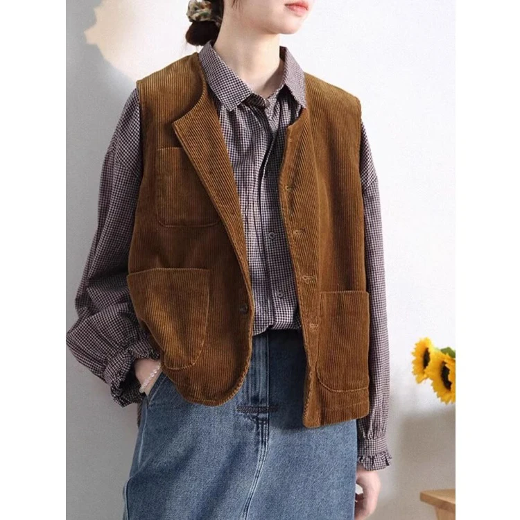 

Ретро японский однотонный вельветовый жилет, верхняя одежда, свободный слиток, большой размер, женский модный топ с подплечниками