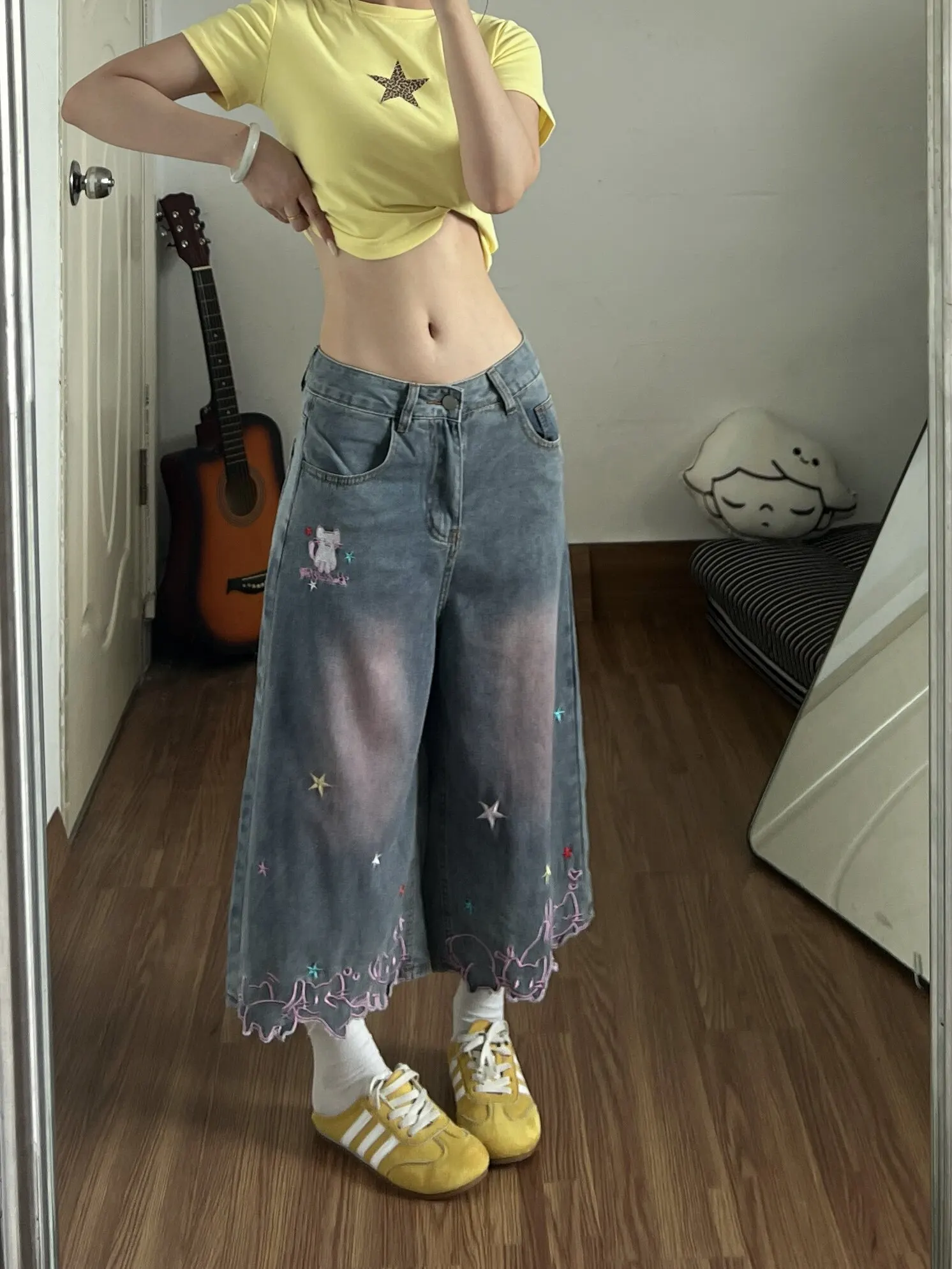 Slimming Effect Blue High Waist Straight Leg Jeans Embroidered  Summer Casual Wide Leg Pants Women's Fashion