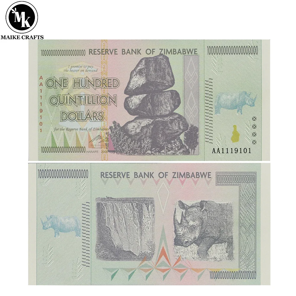 Zimbabwe One Hundred Quintillion Dollars Banknote High Quality Rhino Big Stone Paper Money Business Gifts