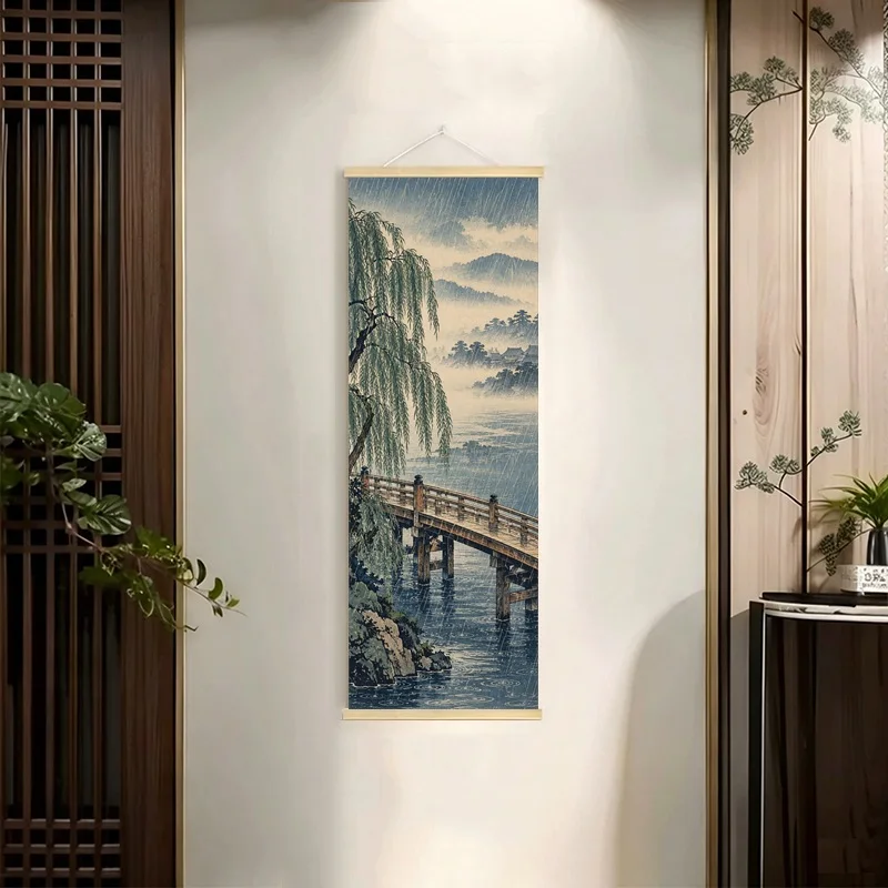 Japanese Ukiyo-e Hanging Scroll with Bamboo Forests, Misty Mountains and Scenic Bridges in Muted Colors for a Tea Room