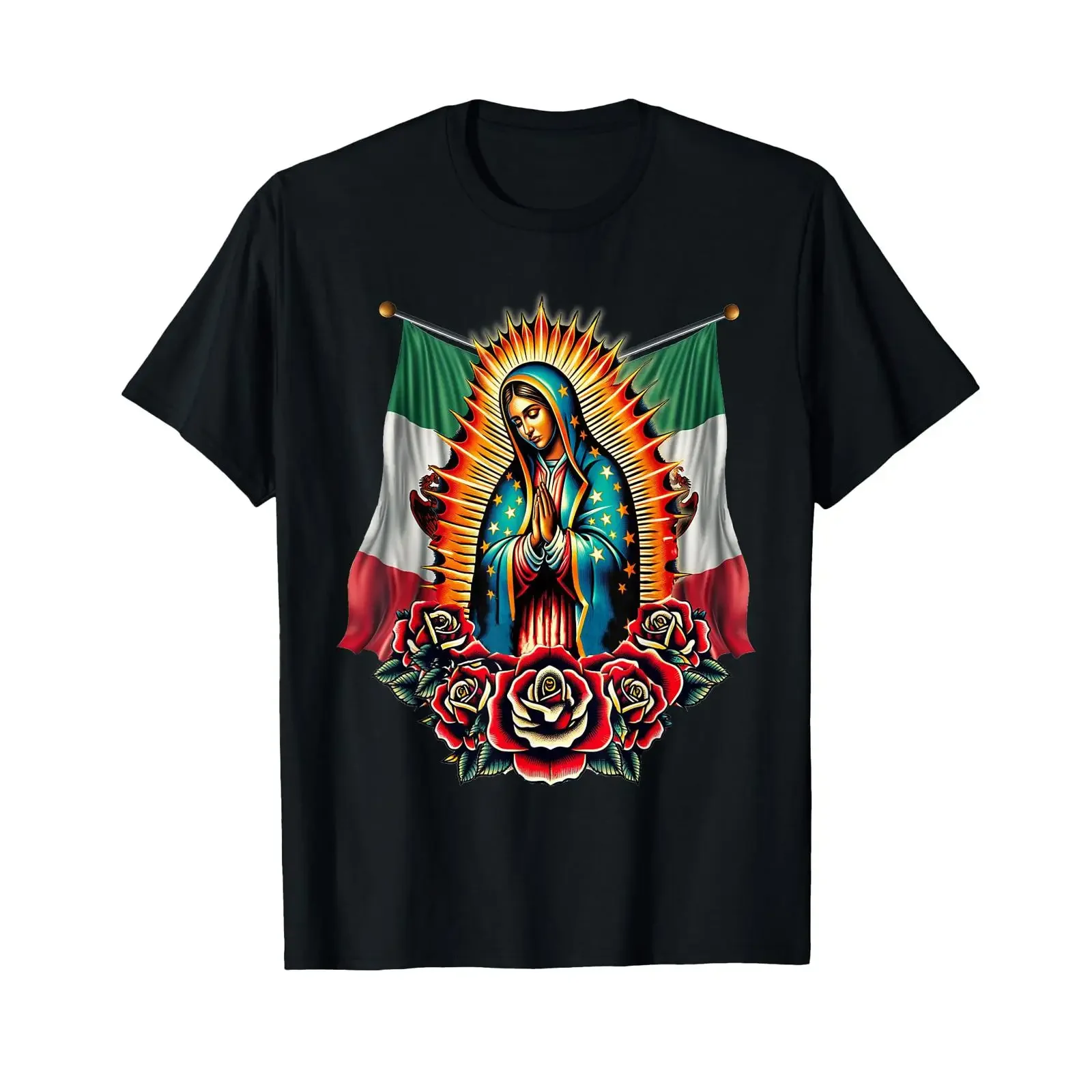 Our Lady Virgen De Guadalupe Virgin Mary Mexican Flag T Shirt vintage Washed streetwear Top For Everyday Wear Unisex Breathable