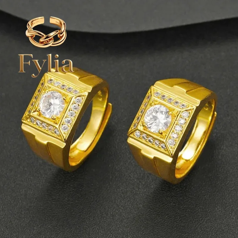 Fylia Jewelry  Mighty Luxury 9999 24K Real Gold Gold Inlaid Gemstone Open Men's Ring European and American Style Adjustable