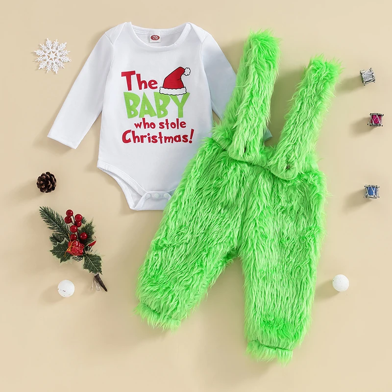 VISgogo Infant Baby Christmas Jumpsuit Set Letter Print Long Sleeve Crew Neck Romper and Plush Suspender Pants Outfits