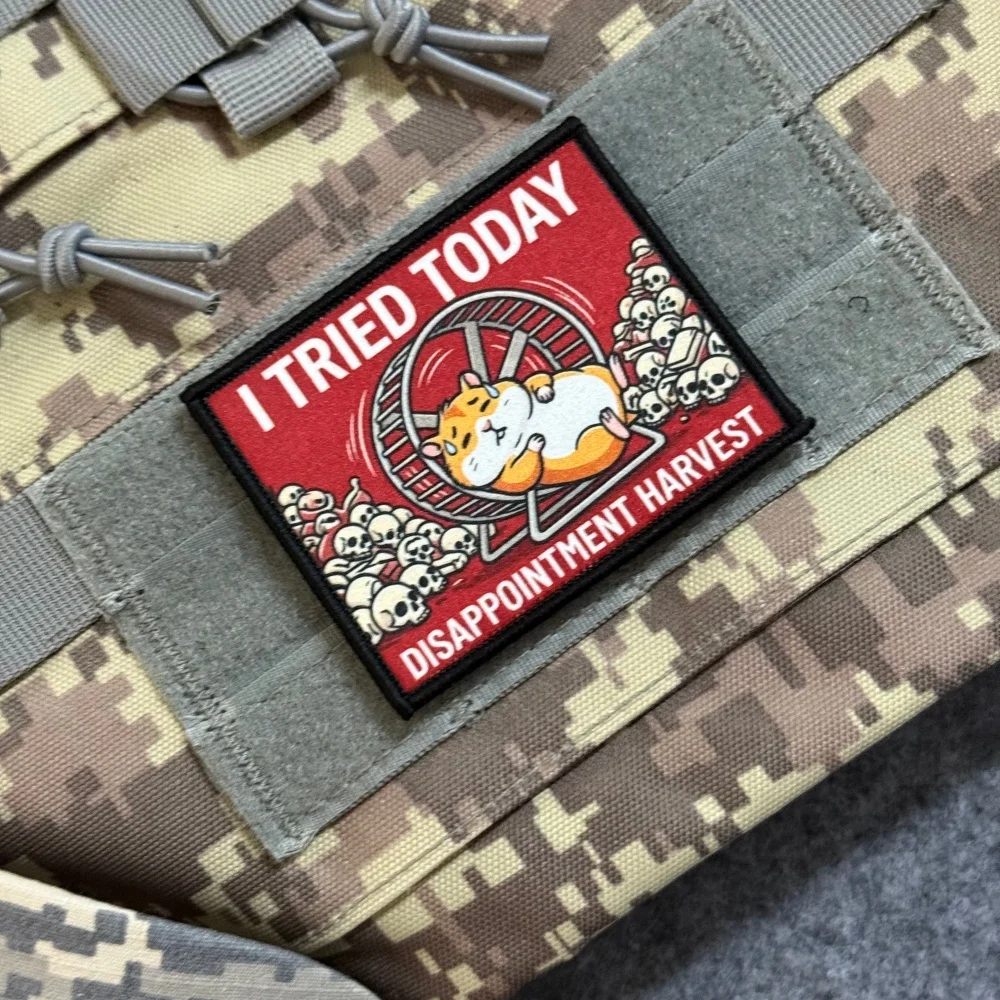 Patch tactique Moral I Tried Today Disappointment Harvest, Badges imprimés, Motif crâne de hamster mignon, Fermeture auto-agrippante pour sac à dos