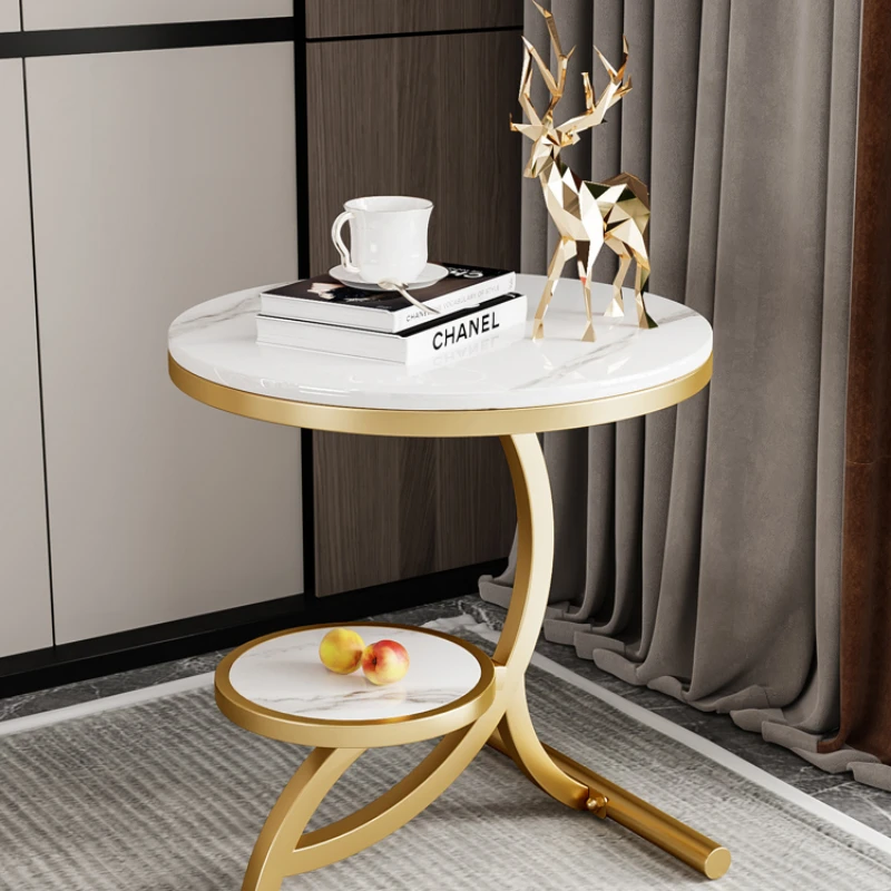 Modern 2 Tier Round End Table with Storage Shelf Faux Marble Top Gold C Shaped Legs Sofa Side Stand Decorative Accent