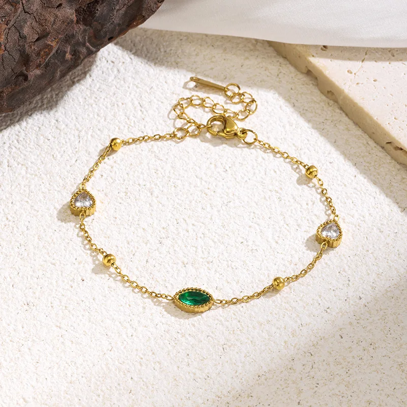 French Daisy Green Zircon Non‑Fading Titanium Steel Bracelet