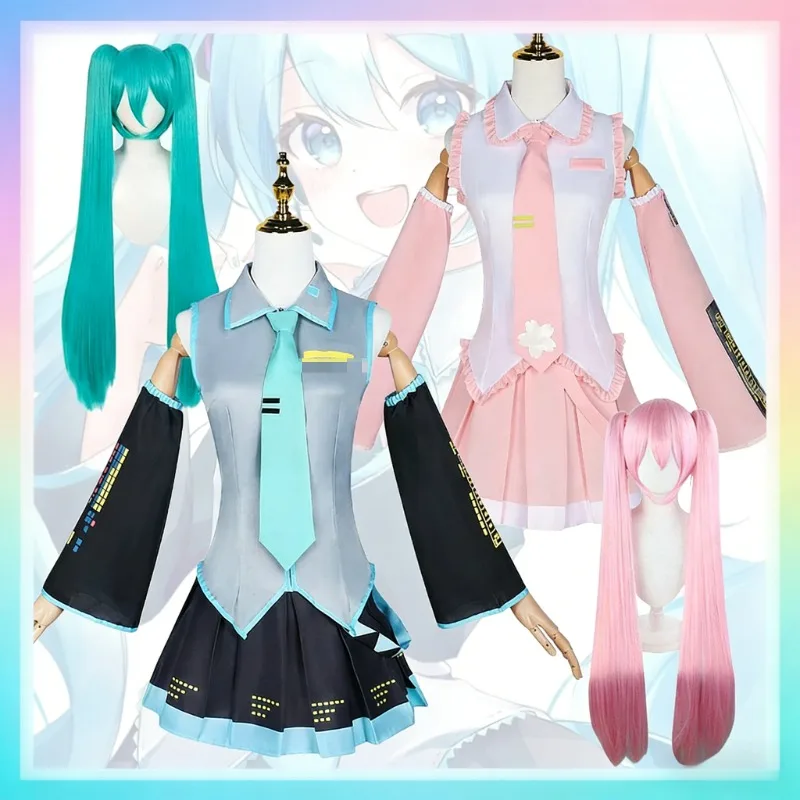 Fantasia de Cosplay Miku com Peruca Verde e Rabo de Cavalo, Uniforme de Cantora Virtual de Anime, Roupas para Festa e Comic Con, Tops, Saia e Acessórios