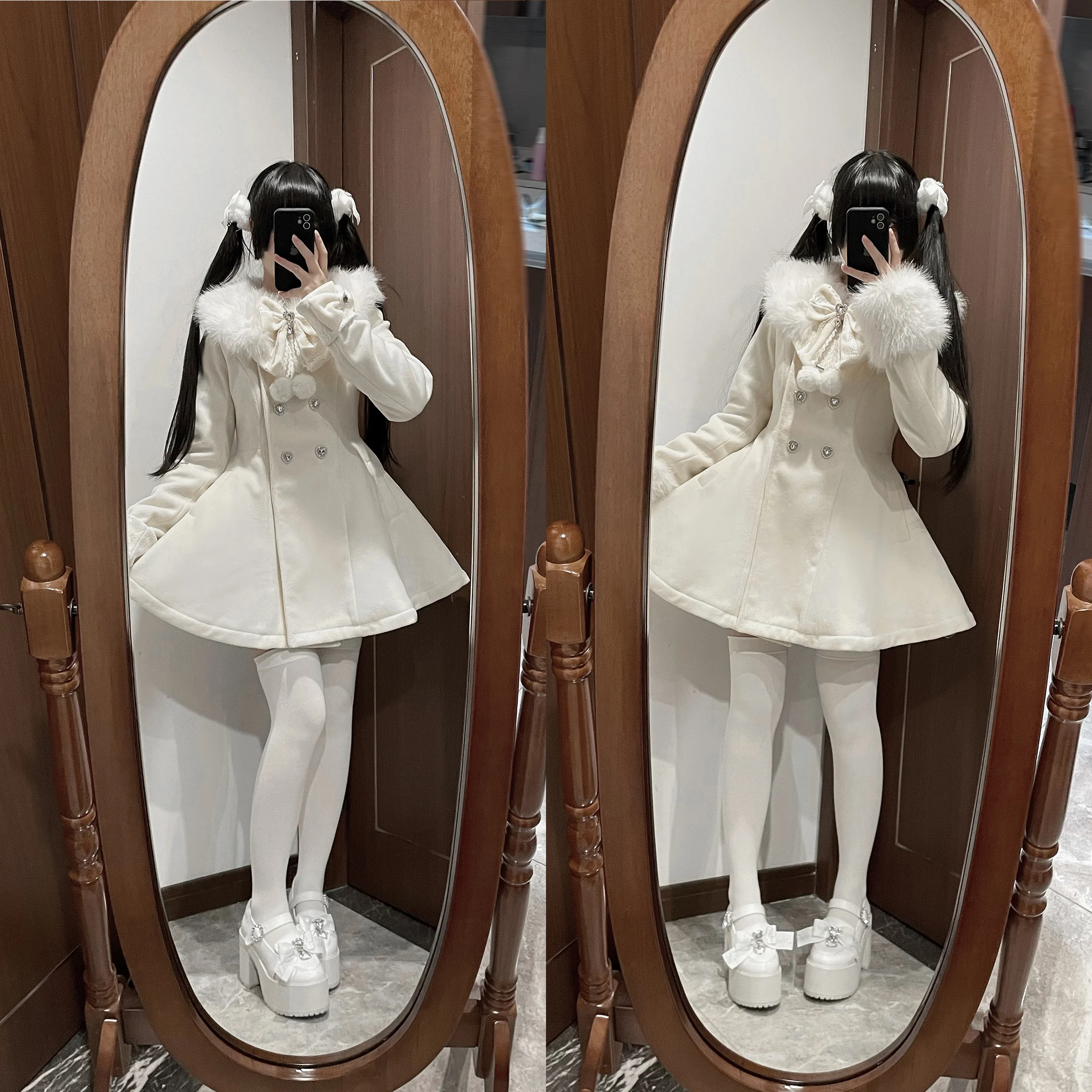 Japanese Mine Style Mass Produce Fur Collar Bow Love Buckle Double-breasted High Waist Short Woolen Coats Women Winter Jackets