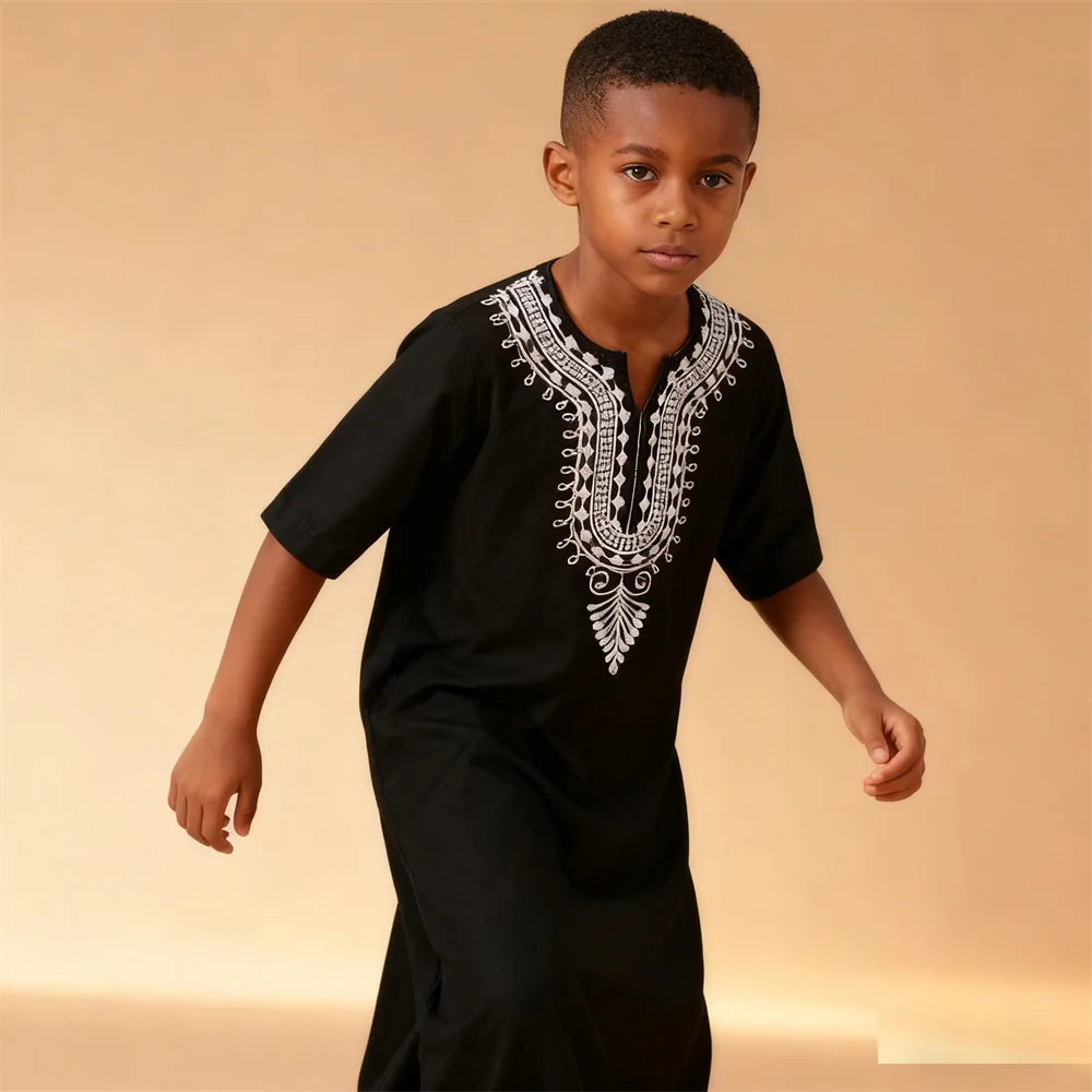 Chłopięca Jubba Thobe Dziecięca Sukienka Eid Muzułmańska Długa Szata Krótki Rękaw Ramadan Dziecięcy Strój Saudyjski Abaja Kaftan Dubaj Arabski Haft Thoub