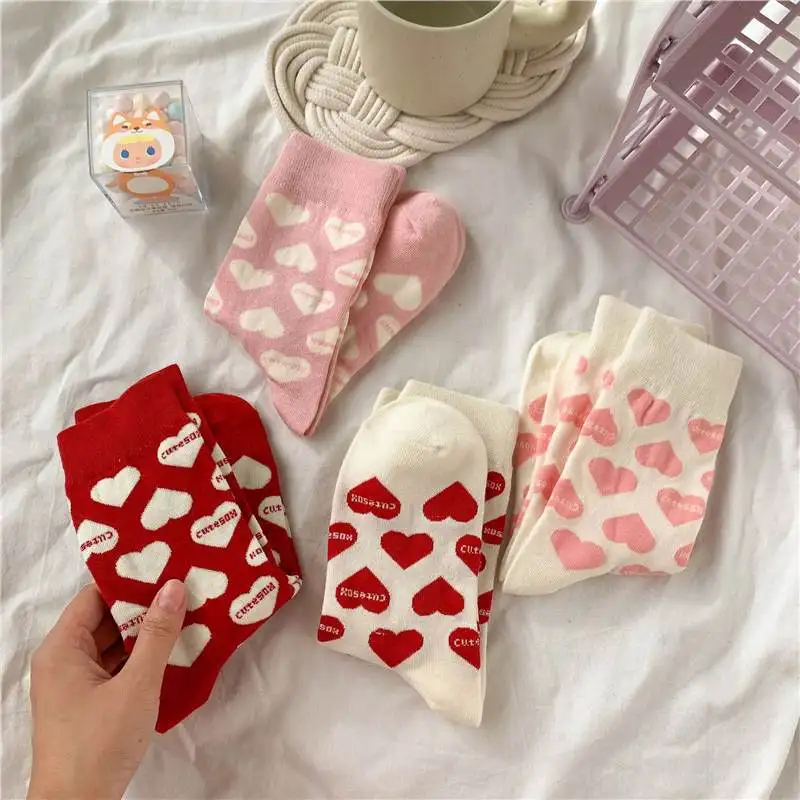 1/4 Pairs Women Heart-Shaped Printed Mid Tube Socks Spring Summer Breathable Comfortable Fashionable College Style Casual Socks