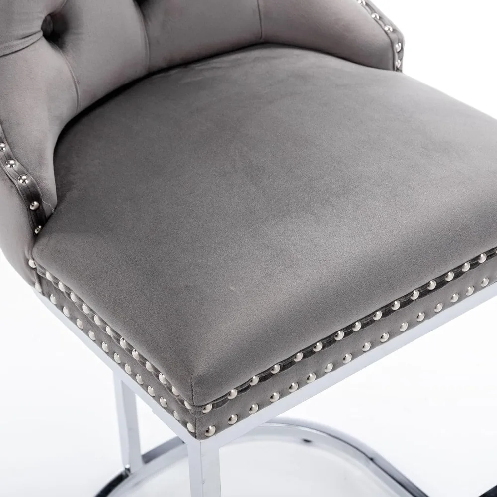 Conjunto de 2 bancos de bar com altura de balcão, bancos de bar estofados em veludo com pernas de base de metal resistente, capitoné de botão e acabamento de cabeçotes