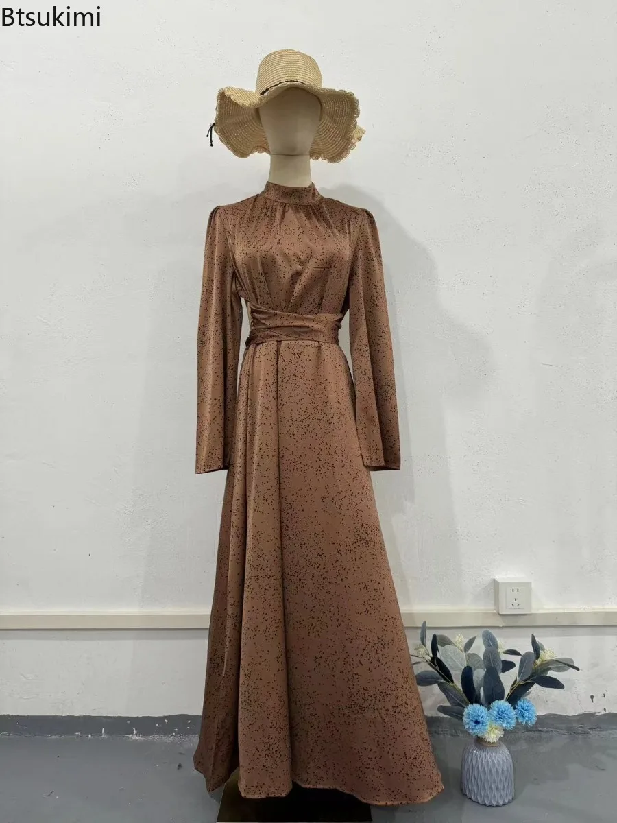 Elegancka satynowa sukienka maxi damska 2025, modna sukienka wieczorowa na przyjęcie z długim rękawem, wysoką talią, dopasowana, wiosenna nowa sukienka z nadrukiem, Vestidos Femme