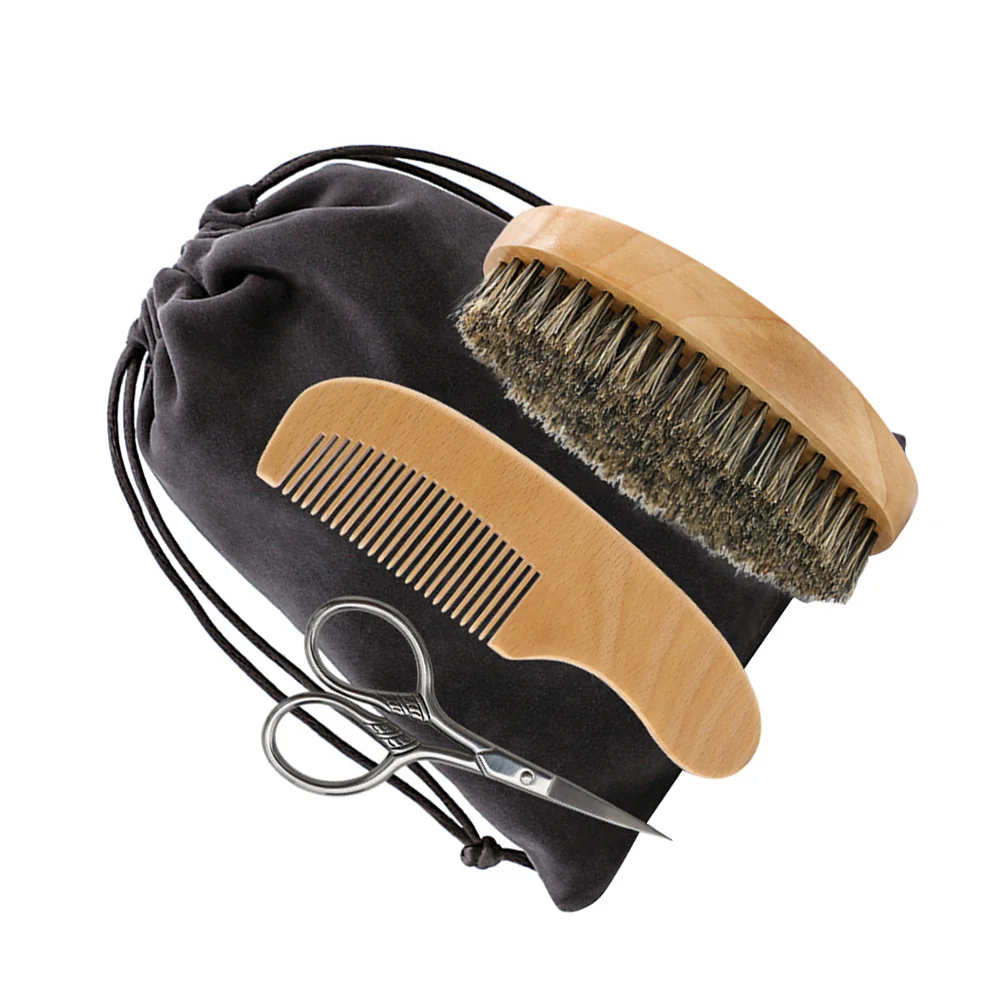 

1 set Beard Care Kit for Men Grooming Set Wooden Comb Brush Shaving Scissors Styling Tool Gift Beard Shaving Set