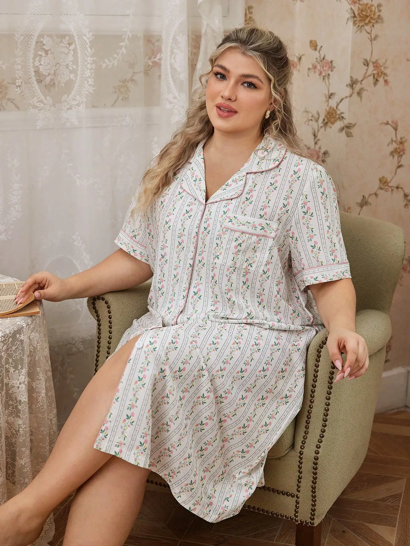 

Plus Size Women Front Button Collar Nightgown Floral Print Short Sleeve Sleepwear Summer