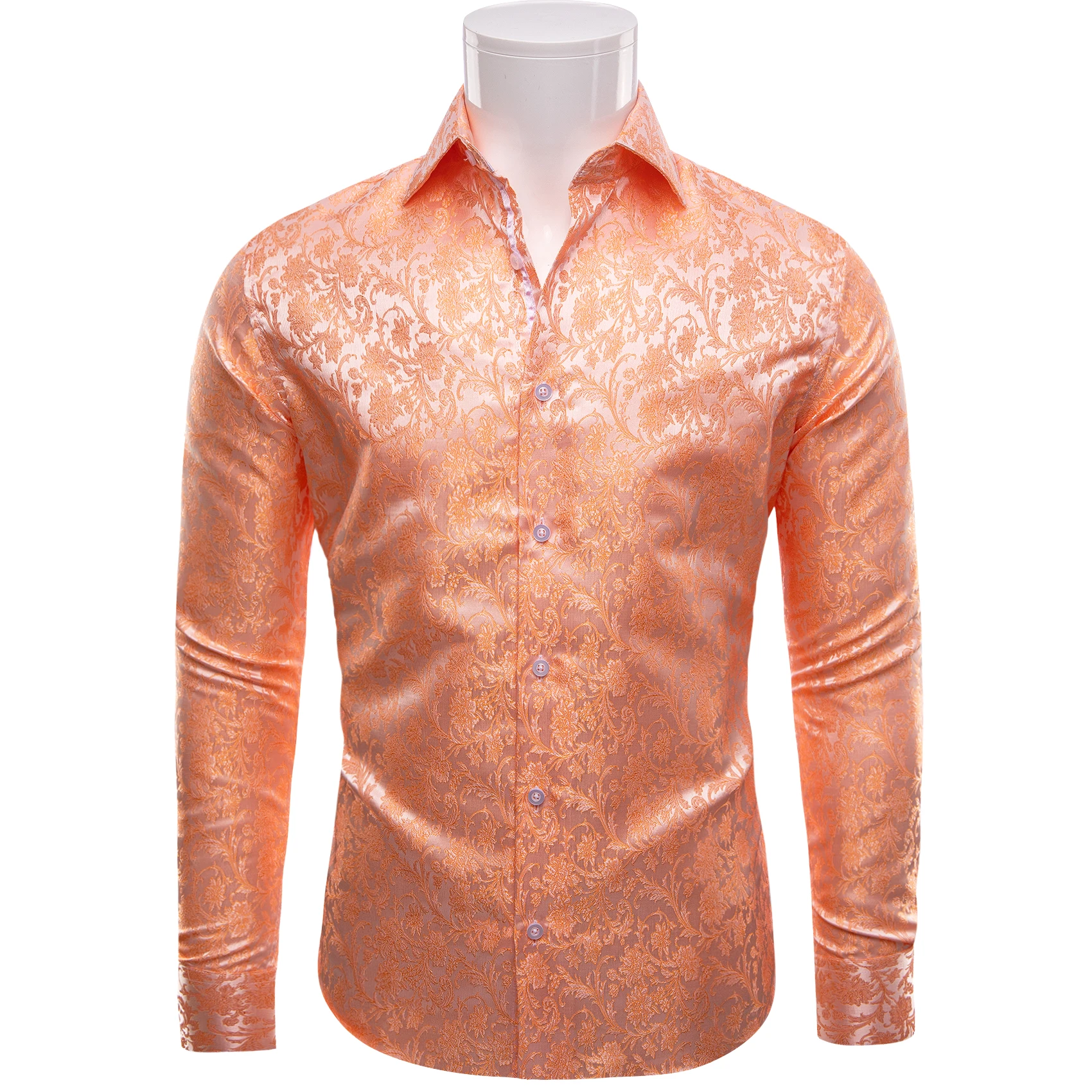 Unique Design Orange Floral Print Silk Shirt for Man Business Wedding Party Full Sleeves Turn-Down Collar Suit for Four Seasons