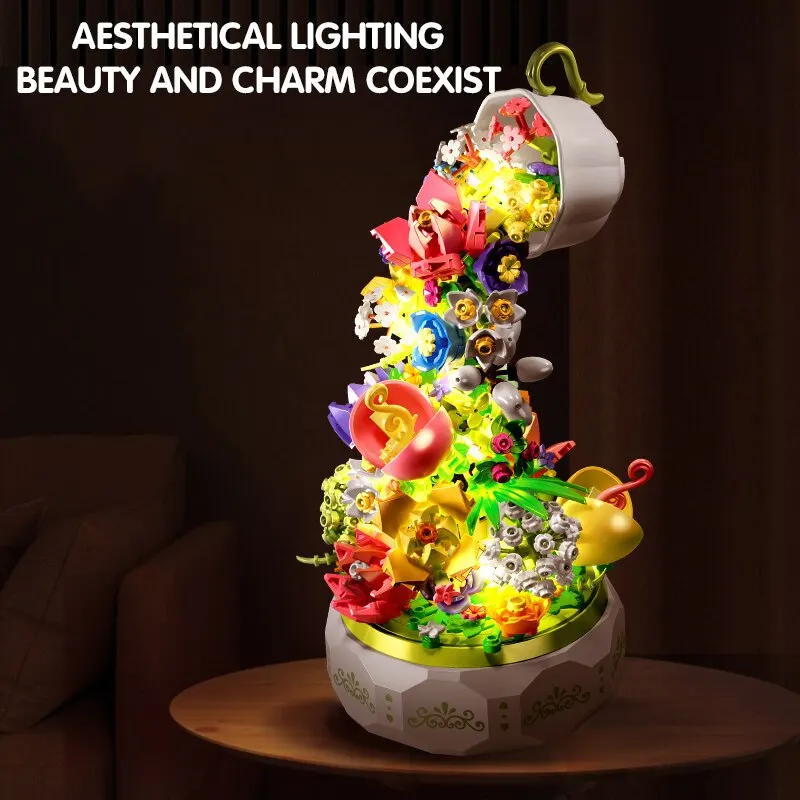 575PCS Teacup Flower Lighting Music Box Building Blocks Waterfall Flower Bouquet DIY Model Bricks Toys For Kids Holiday Gifts