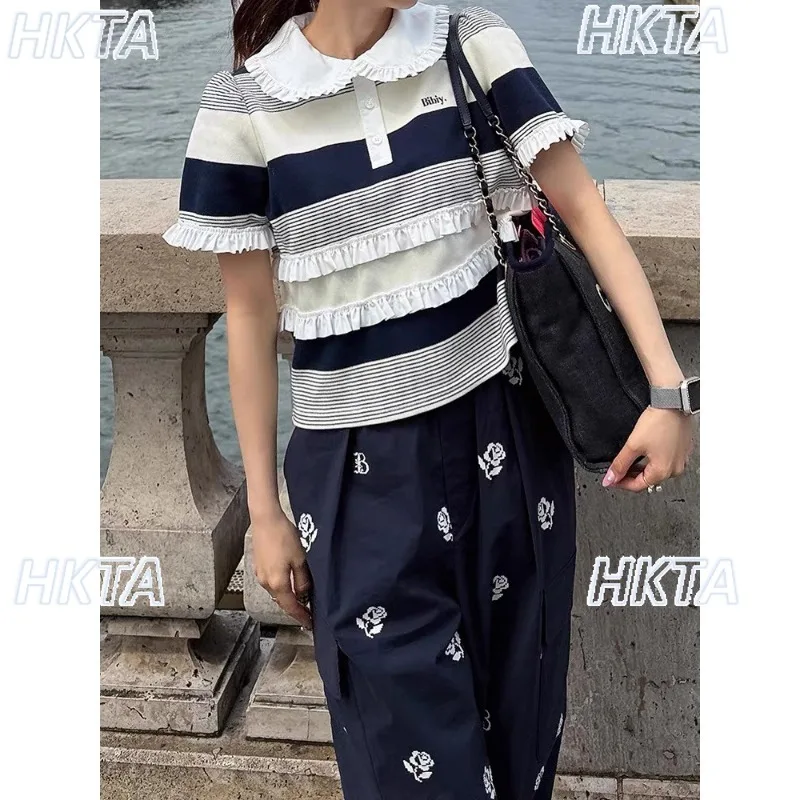 Japanese Sweet Ruffle Striped Polo Shirt Short-sleeved T-shirts Women's Summer High Waist Contrasting Color Splicing Top T Shirt