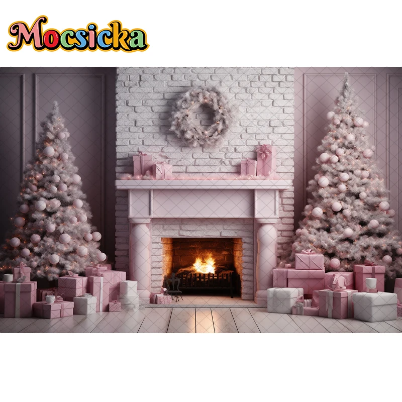 Arrière-plan de photographie de cheminée de Noël rose d'intérieur, toile de fond de portrait de famille pour enfants et adultes, arbre de Noël, boîte-cadeau, accessoires de décoration de couronne