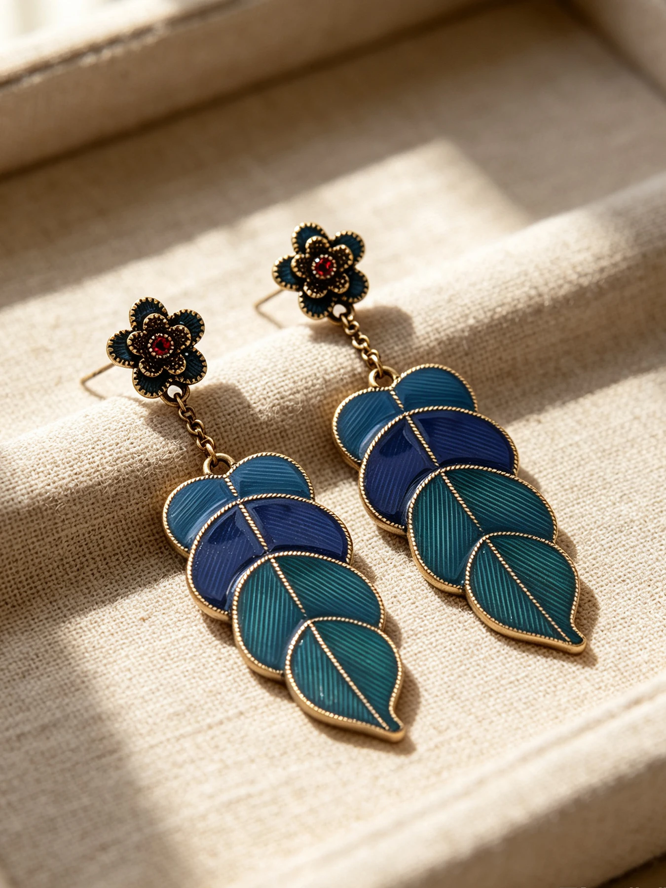 Women's Vintage Enamel Drop Earrings, Flower Stud with Swarovski Crystal Gradient Blue Green Feather 925 Silver Post, Wedding Br