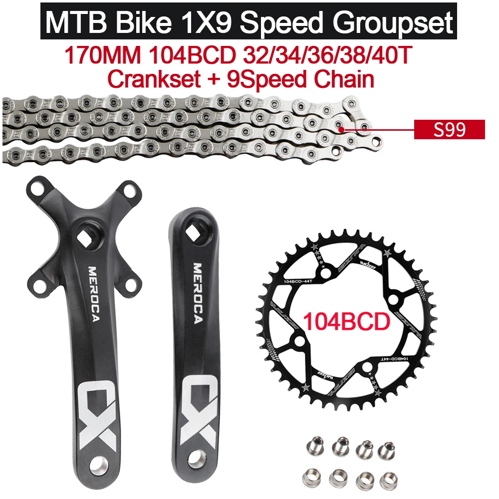 1X9Speed Mountain Bike Groupset 170MM 104BCD 32/34/36/38/40T Square Hole Crankset and 9S116L chain 1X9V MTB KIT for M2010/M2000