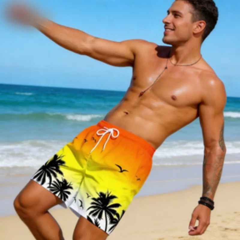Summer gradient pattern beach shorts men colorful 3D printed board shorts casual vacation shorts loose surfing swim trunks