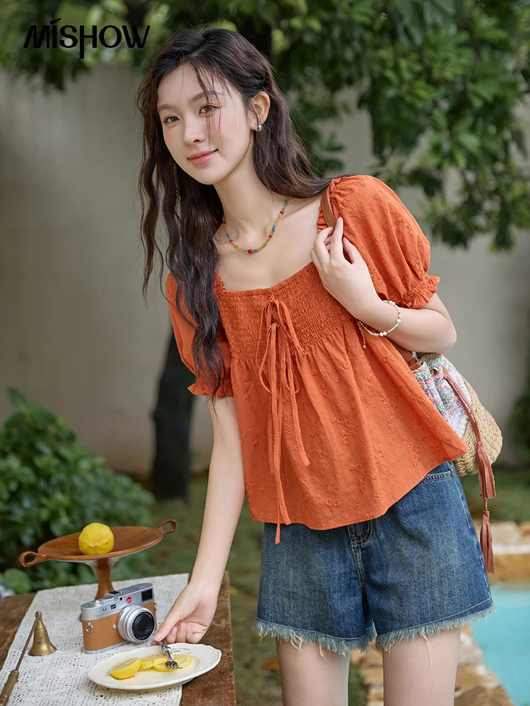 MISHOW Retro 100 Cotton Square Neck Blouses Female 2024 Summer French Loose Tops Chest Elastic Tie Short Sleeve Top MXD29X1543