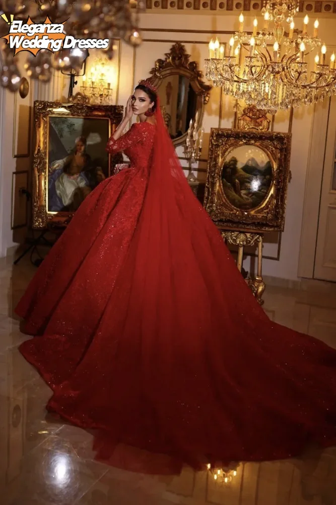 Gaun Pengantin Merah Renda Cantik Dubai Kustom Gaun Pengantin Arab Pernikahan Berkilau Lengan Panjang Gaun Pengantin Arab Vestido De Novia