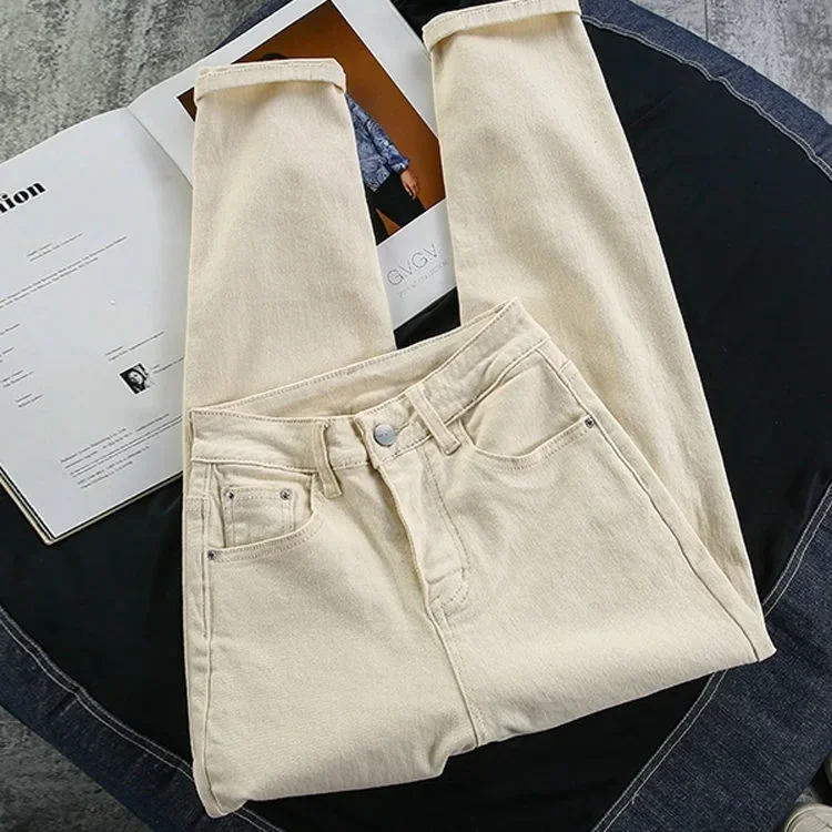 زهر الكرز الملونة مستقيم الساق الجينز المرأة عالية الخصر تنوعا أبي Harajuku نمط Bootcut السراويل تأثير التخسيس