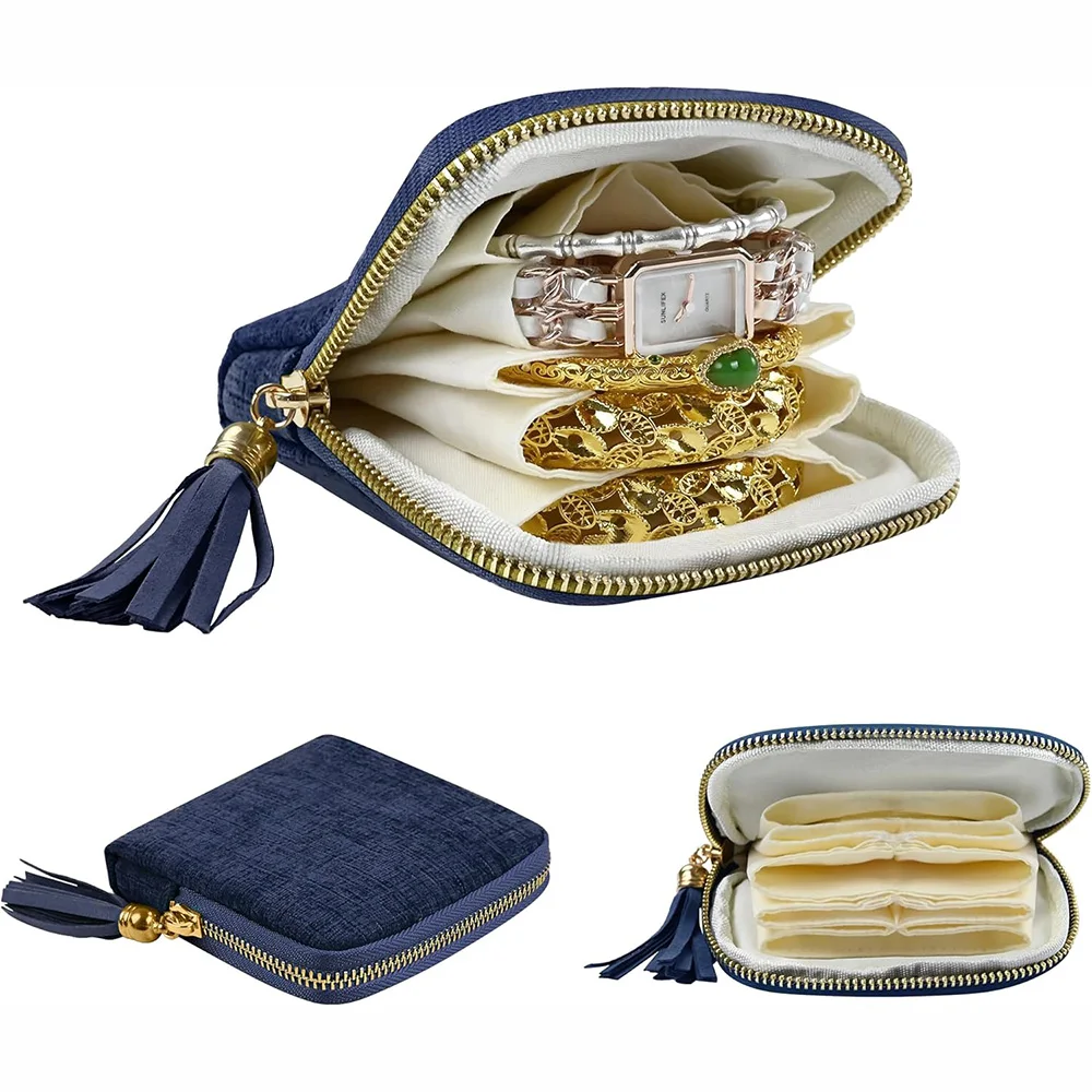 

5-Layer Velvet Jewelry Storage Bag Portable Travel Case with Tassel Zipper for Watch Bracelet Rings Earring Crystal Organizer