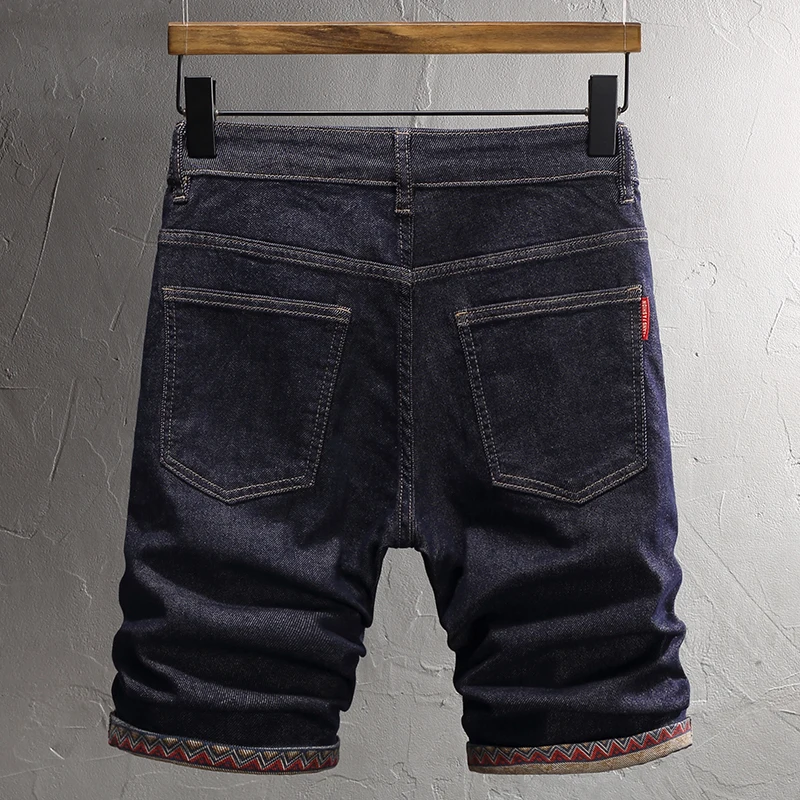 Newly Fashion Trendy Summer Men Jeans Black Blue Elastic Vintage Printed Short Jeans Homme Patched Designer Denim Shorts Men