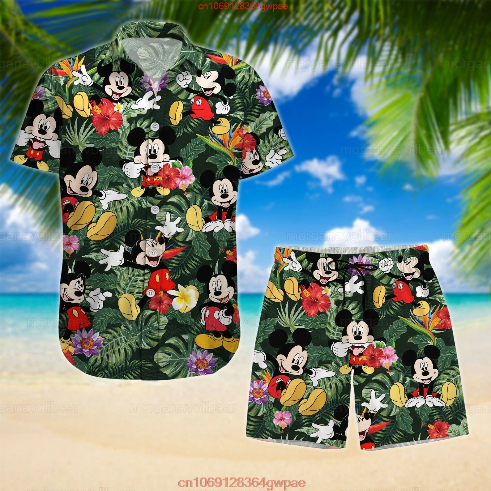 Mickey Hawaiian Shirt Shorts Set Men\'s Women\'s Summer Casual Beach Vacation Shirt Set Disney Beach Shorts Vintage Button Shirt