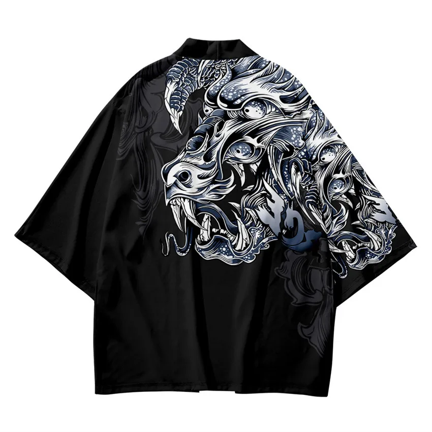 Cardigan imprimé dragon chinois pour hommes et femmes, chemisier tendance, Haori Obi, vêtements asiatiques, Harajuku, Kimono Cosplay japonais