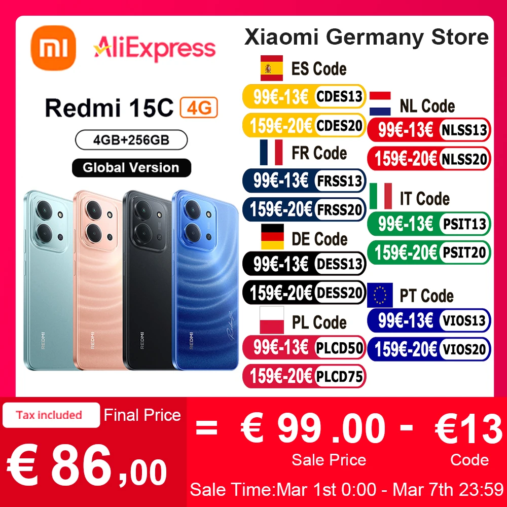 Globale Version Redmi 15C 6,9" Display 33W FastCharging 6000mAh 120HZ USB Typ-C Videoaufzeichnung 1920 x 1080px IP64 Staub- und Wasserbeständigkeit Leistungsstarker Octa-Core-Prozessor 50MP AI