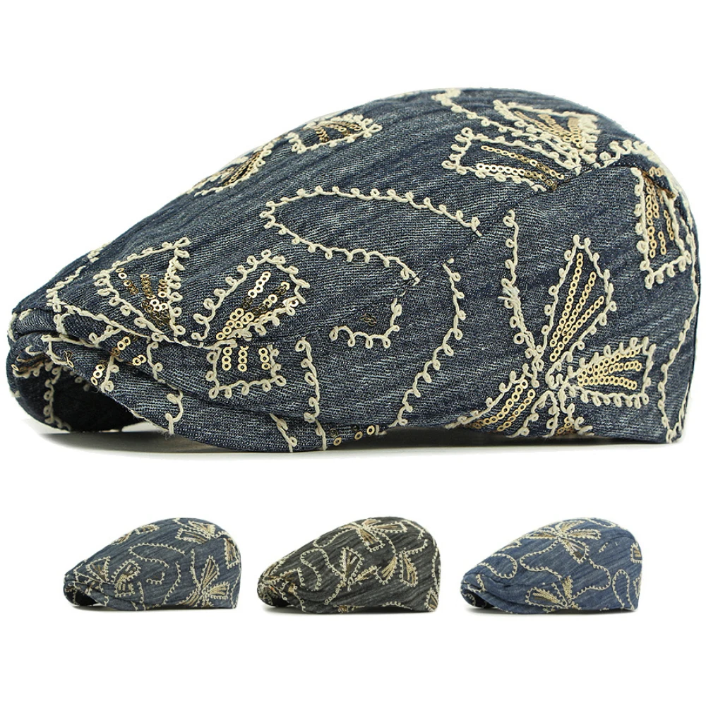 HT4833 Mens Berets Women Vintage Artist Painter Beret Hat Male Female Sequins Ivy Flat Cap Spring Summer Autumn Denim Beret Cap