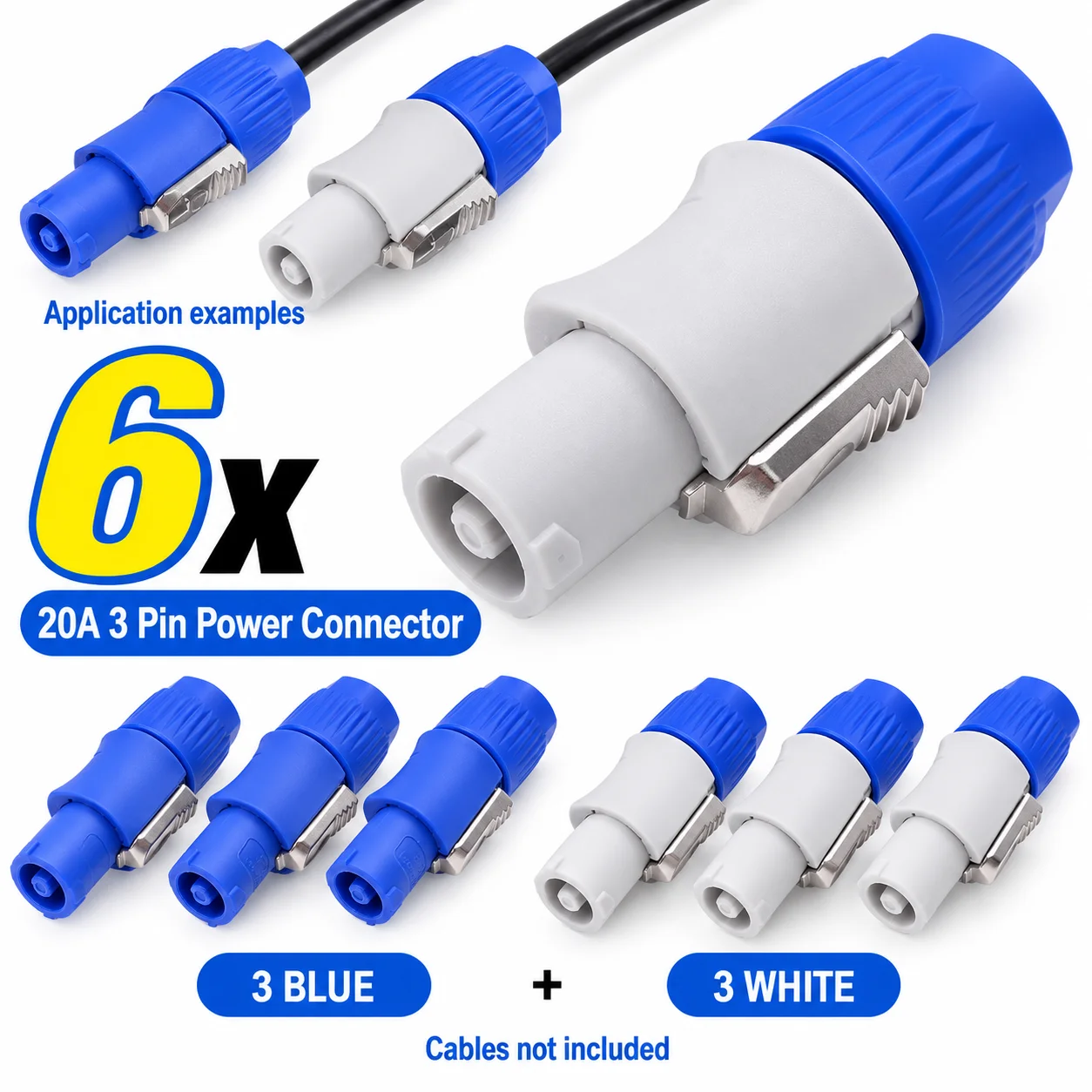 20A 3 Pin Locking Power Cable Connectors Blue White Plugs with Screw Terminals for LED Stage Lighting and Screens 1 2 4 6 PCS