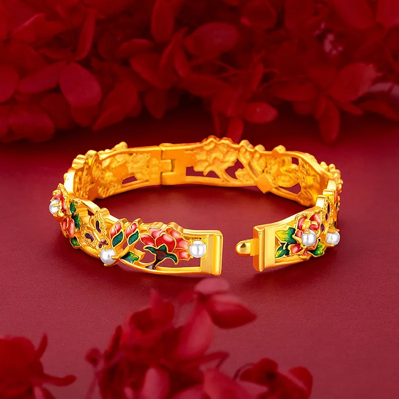 

Luxury 24K 9999 Pure Gold real gold Women's Pearl Enamel Peony Flower Bracelet