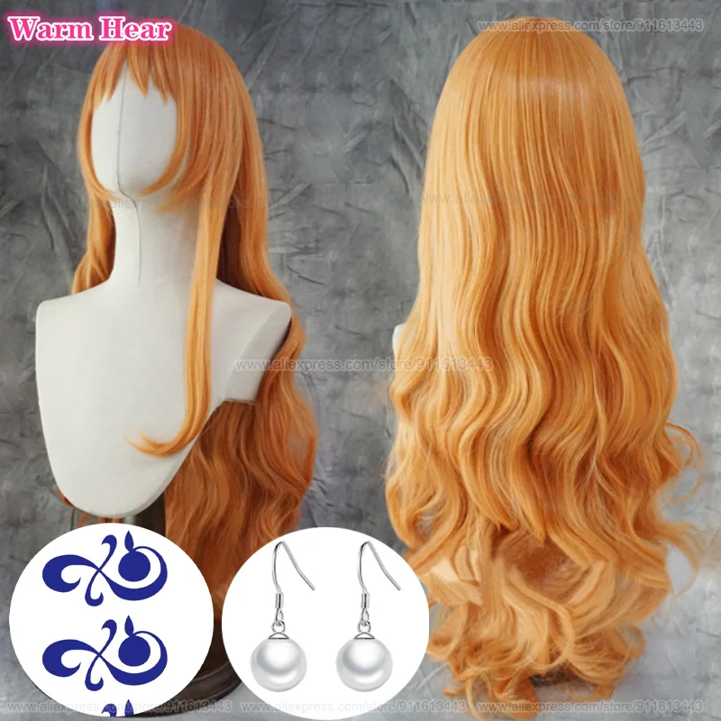 Anime Nami Cosplay Wig 75cm Orange Long Wavy Wig Women Adult Nami Wigs Heat Resistant Hair Halloween Costumes Wigs + Wig Cap