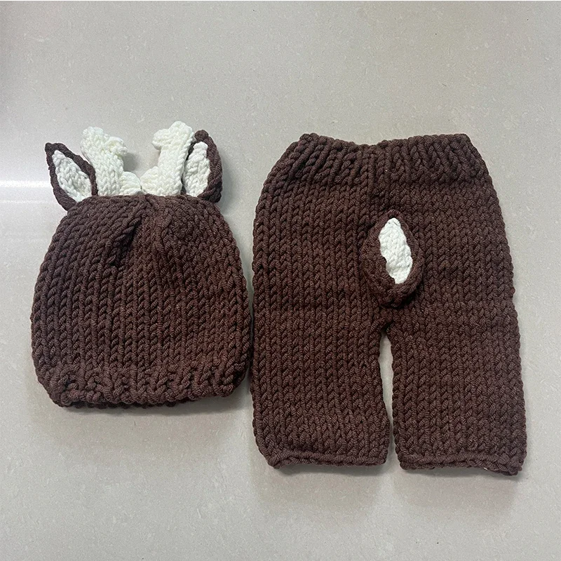 Christmas Photography Clothing Hand-woven Knitted Pants and Christmas Elk Hat Costumes Set Studio Newborn Photoshoot Outfits