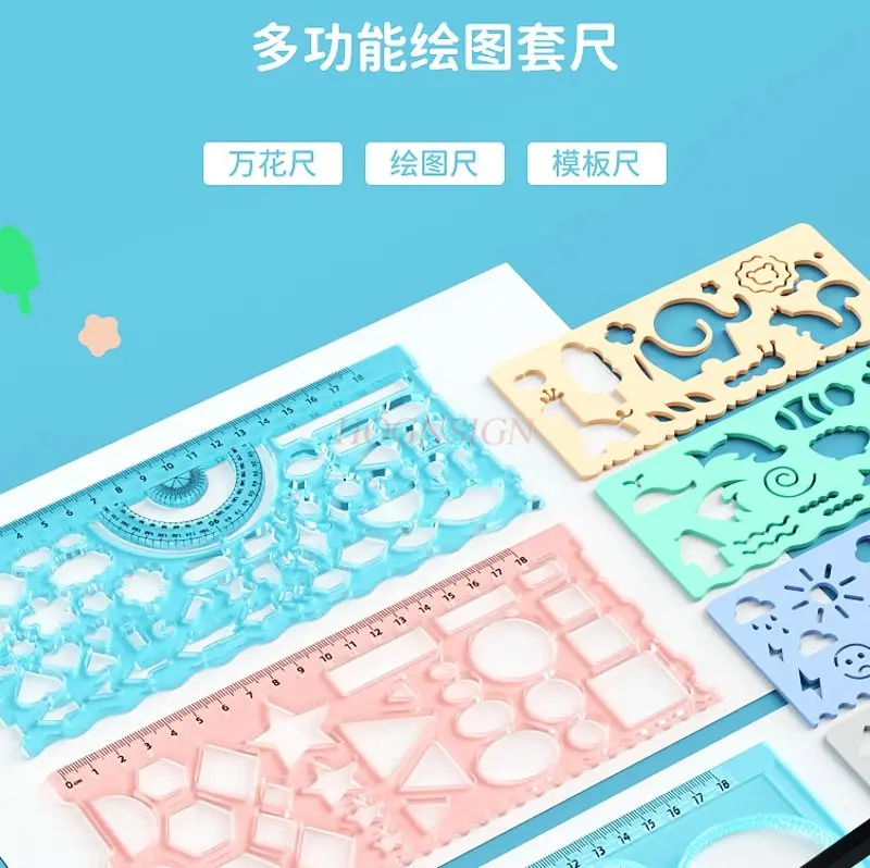 Régua multifuncional 7 tamanhos para estudantes, régua versátil e versátil, régua de desenho, régua de modelo de pôster copiada à mão