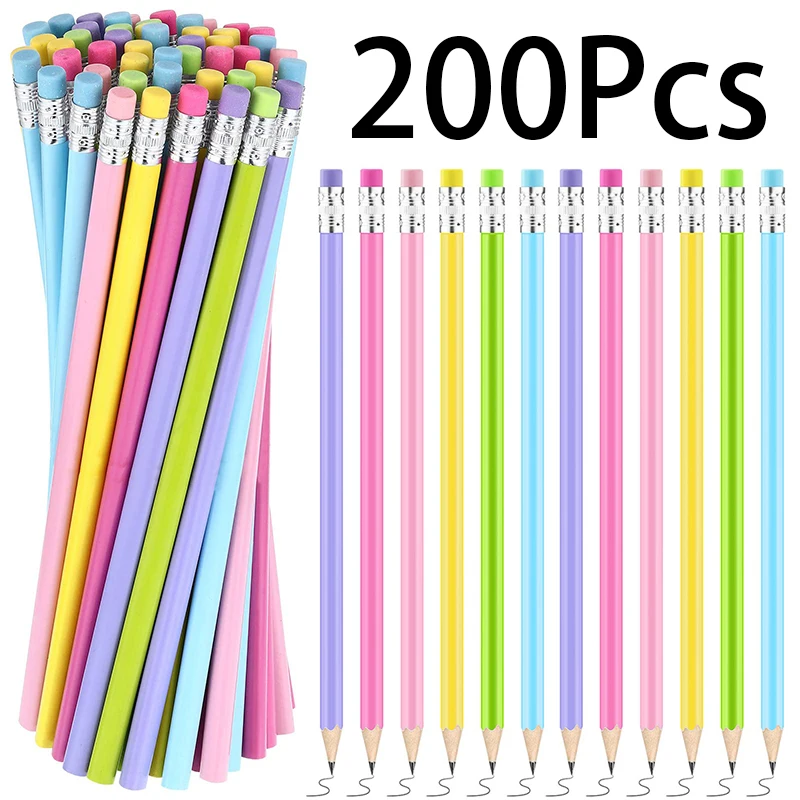 200pcs Triangle Pencils Wood Rubber Head Sketch Drawing Pen HB Pencil School Office Learning Stationery