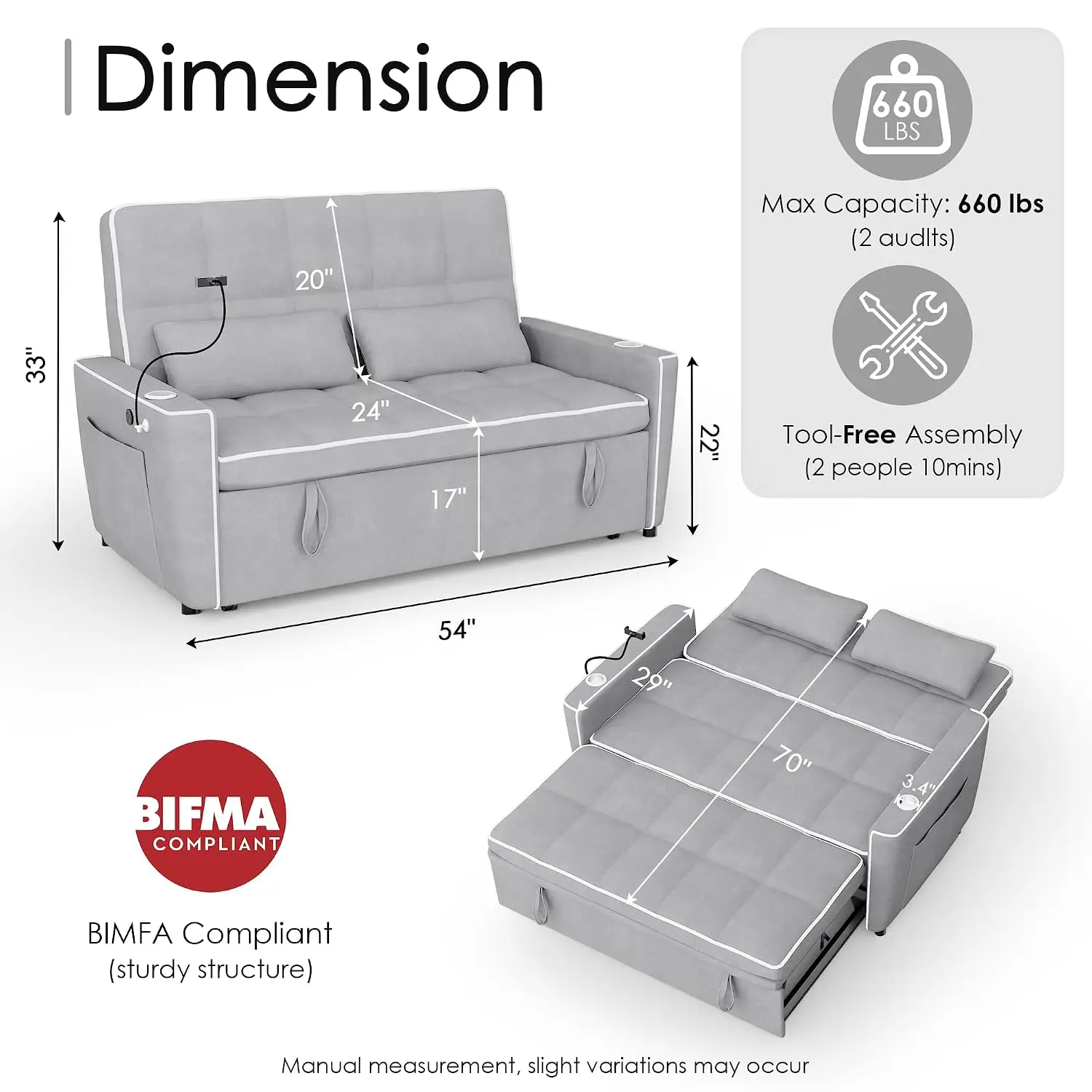 54'' Sleeper Sofa With Phone Holder & USB Port, Adjustable Backrest & Cup Holder, Velvet Fabric For Living Room, Customized