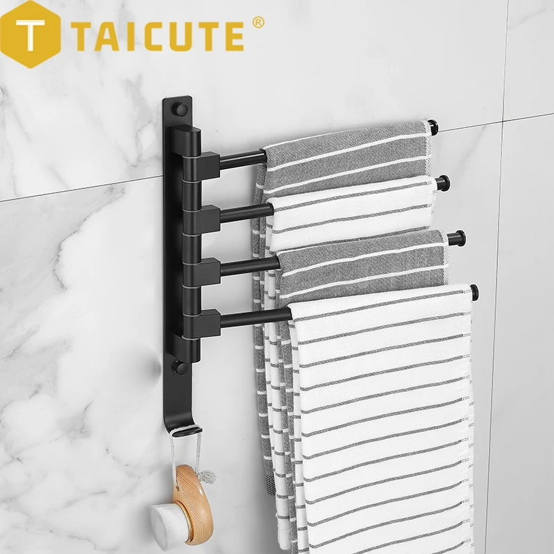 TAICUTE 2/3/4/5 Towel Bars Movable Towel Holder Rack Aluminum Bathroom Accessories Black Hardware Sets with Wall Hanger Hook