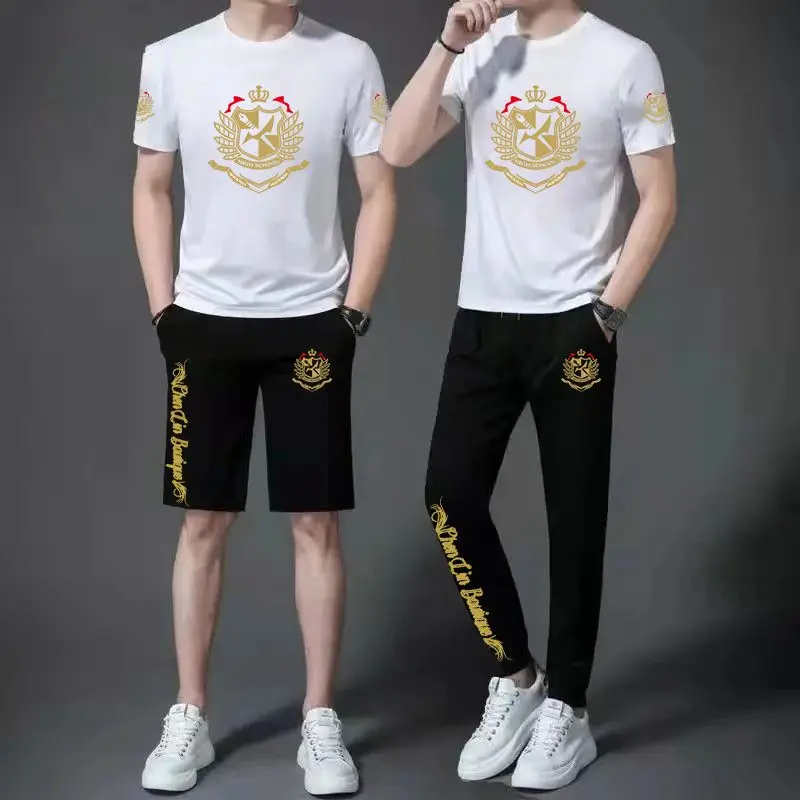 Spring and summer casual men's sportswear set, short sleeved shorts, long pants set, middle-aged and young printed