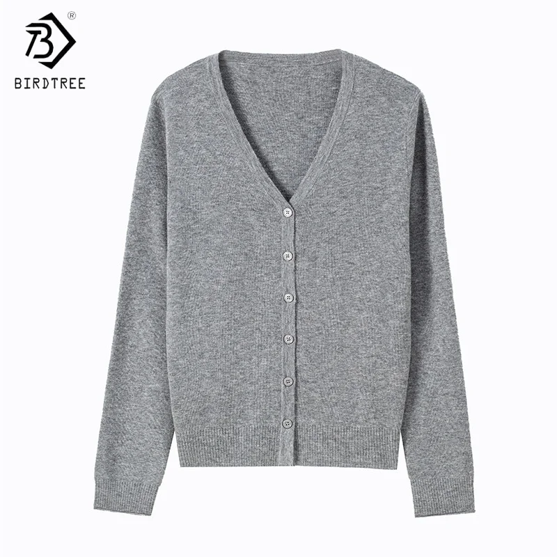 

Birdtree,100% Pure Wool Knitted Warmth Cardigan,Women Solid Soft Tops,V-neck,Single Breasted,2025 Autumn Winter Coat T5D119JF