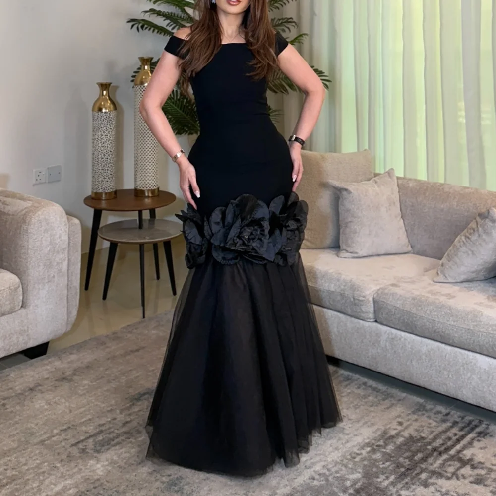 

Customized Black Long Evening Dresses Off The Shoulder mermaid Floor-Length Prom Gown Modern Flowers Party Dress For Women