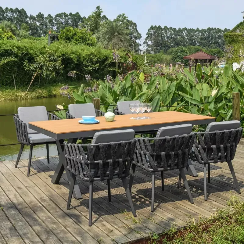 Nordic Outdoor Table and Chair Set Villa Terrace Courtyard Garden Waterproof Sunscreen Solid Wood Slate Dining Furniture