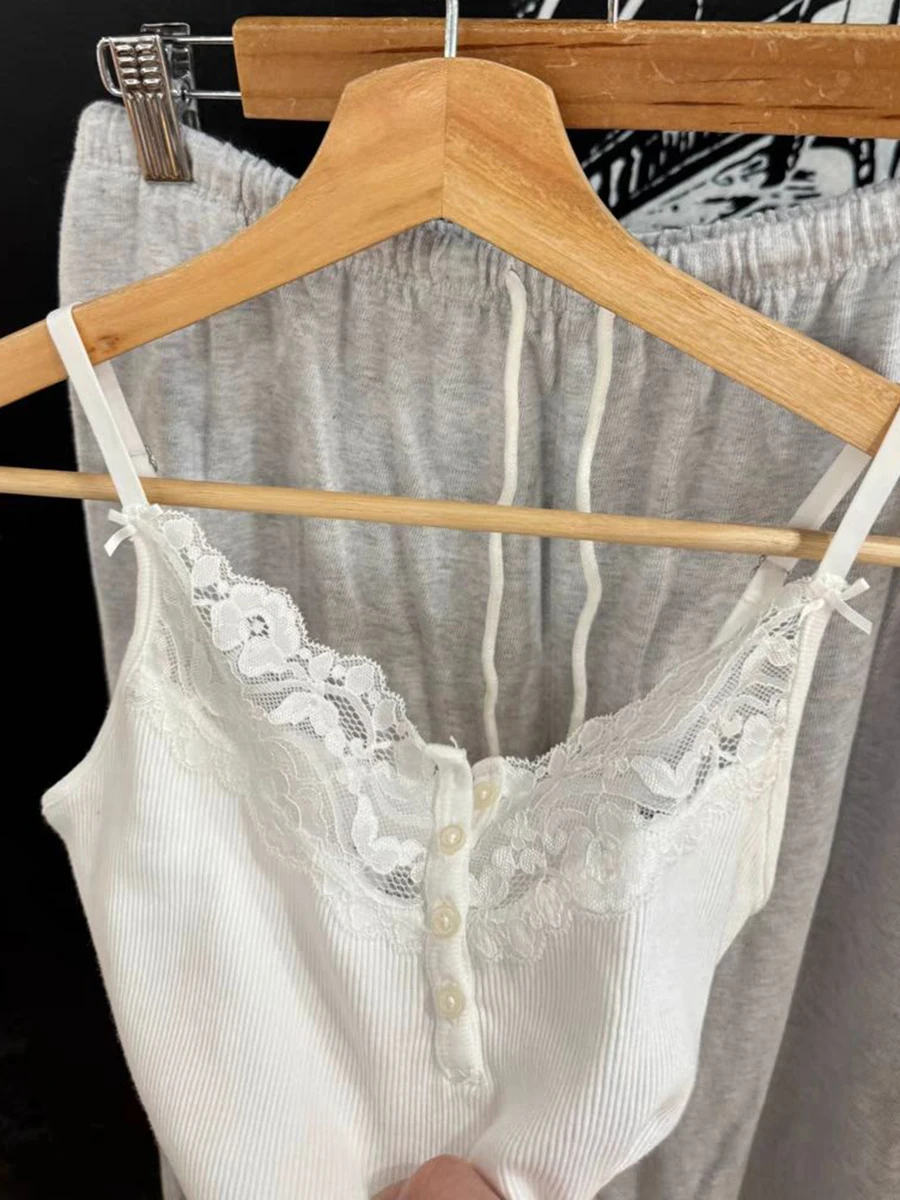 여성용 레이스 트림 버튼 립 슬림 탱크 탑, 민소매 코튼 화이트 심플 조끼, 빈티지 스위트 베이직 캐미솔 Y2k 탑, 여름