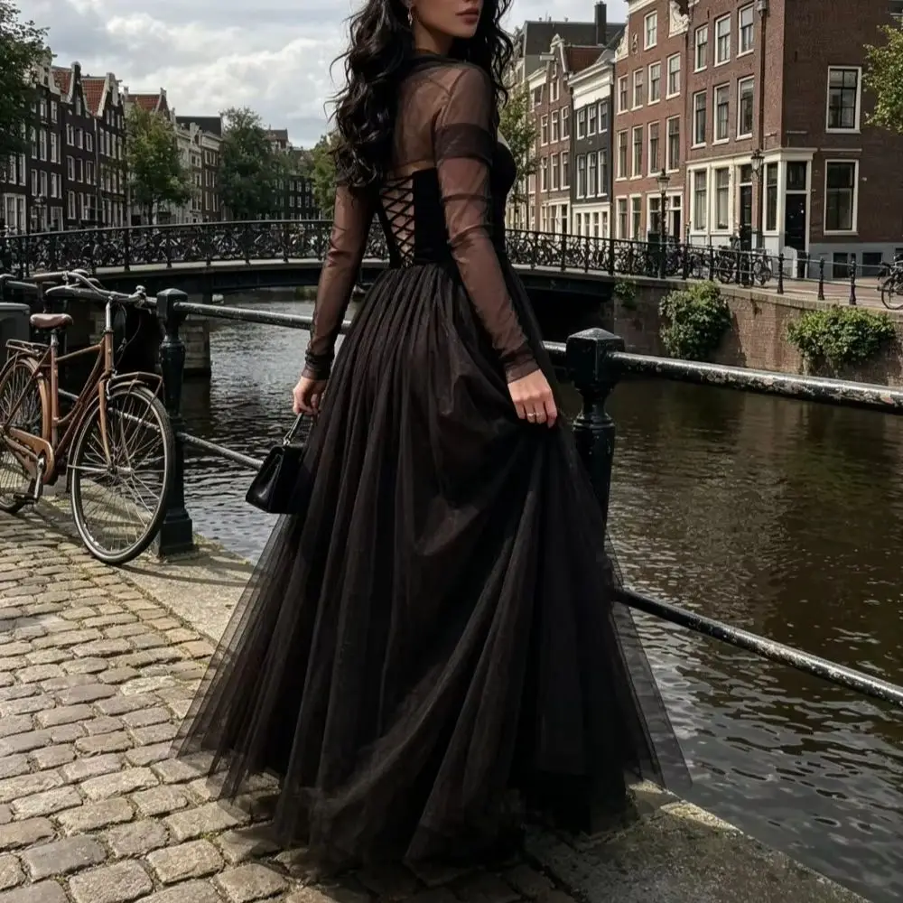 Customized Chiffon Long Sleeved Strapless Evening Gown 2026 Black Tight Corset and Pleated Guest Dress Suitable for Parties