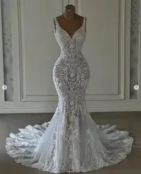 Modern 2024 Mermaid Beach Wedding Dresses V-neck Lace Applique Chapel Train Open Back Trumpet Bridal Gown vestidos novia baratos